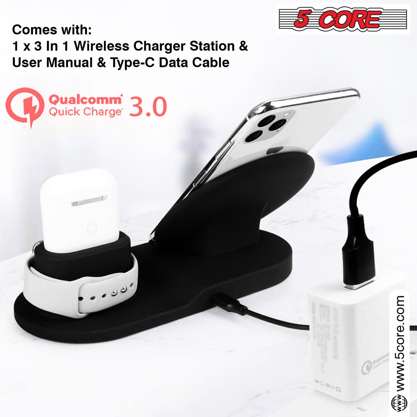 5 Core Wireless Charging Station Ultra-Slim Triple Wireless Charger Station for Multi Device